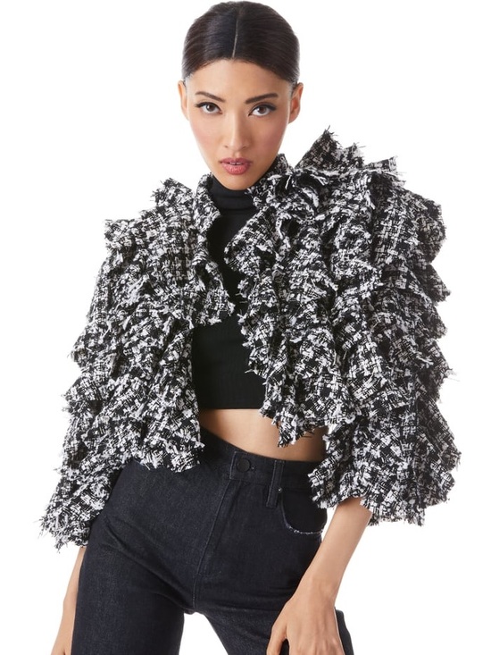 Alice + Olivia Jackets & Blazers - NWT Alice + Olivia Tweed BRITTON RUFFLED CROPPED 3/4 SLEEVE JACKET Size Medium